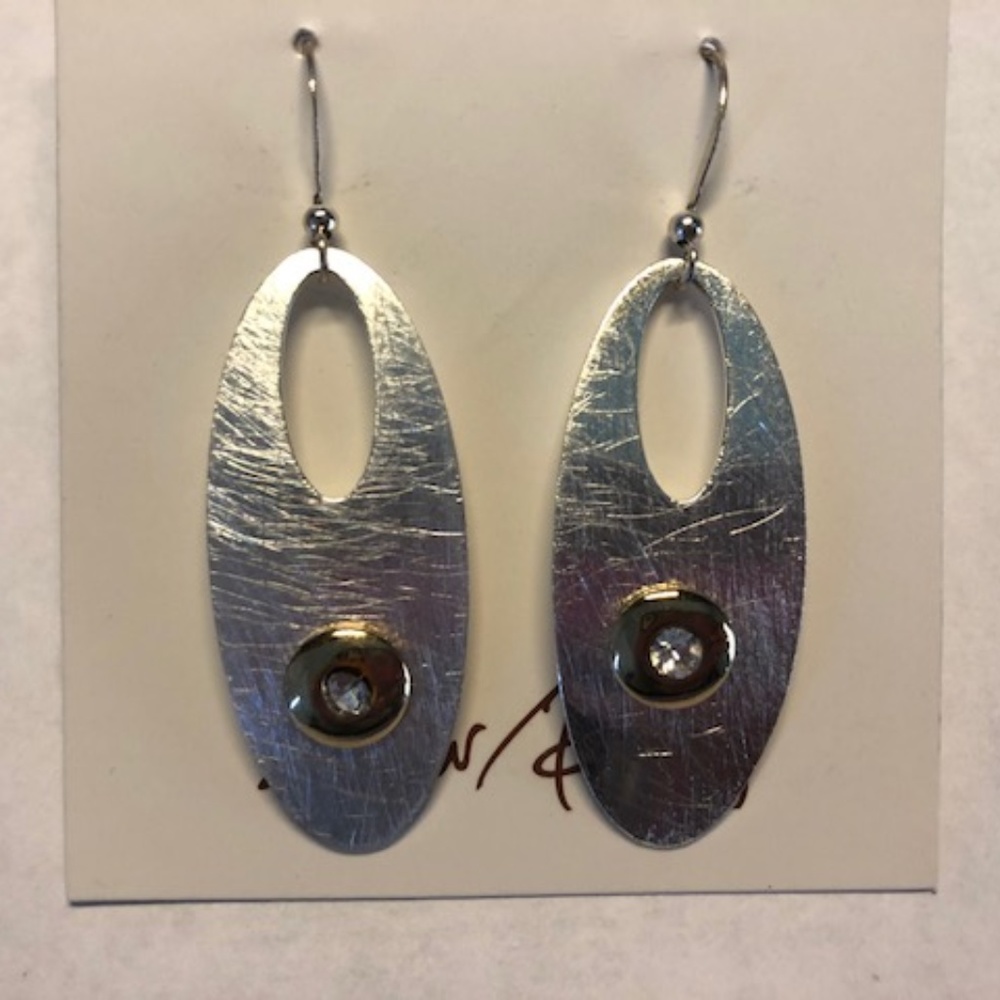 Brushed Two Tone Earrings with Stone